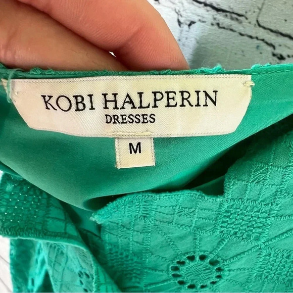 Kobi Halperin Green Eyelet Tiered Midi Cotton Dress V-Neck‎ Sleeveless Medium - Picture 7 of 15